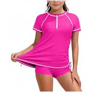 Big Girls Swimming Costume Two Pieces UPF 50+ Swimsuit 7-16 Years, Kids Teens Bathing Suit Short Sleeve Rash Guard Swim Tops Beach with Boyshorts Summer Swimwear