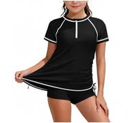 Big Girls Swimming Costume Two Pieces UPF 50+ Swimsuit 7-16 Years, Kids Teens Bathing Suit Short Sleeve Rash Guard Swim Tops Beach with Boyshorts Summer Swimwear