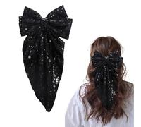 Big Glitte Layered Hair Bows, Sparkly Long Tail Bow Hair Clip, Large Bow Hair Ribbon Barrettes Metal Clips, Gift Headdress Decor Accessories for Women Girls (Black)