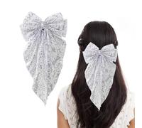 Big Glitte Layered Hair Bows, Sparkly Long Tail Bow Hair Clip, Large Bow Hair Ribbon Barrettes Metal Clips, Gift Headdress Decor Accessories for Women Girls (Silver)
