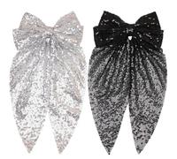 Big Glitter Hair Bows silver bows For Women Girls“15 × 8 ”Black Sliver Sparkly Style Hair Accessories 2PCS - Black + White