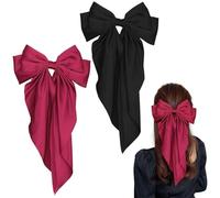 Big Hair Bow, 2Pcs Silky Satin Bow Hair Clip, French Large Bowknot Hairpin with Long Ribbon, Black Red Solid Color Bow Hair Barrette Vintage Hair Accessories for Women Christmas Gifts