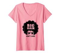 Big Hair Don't Care Retro Afro Sunglasses Graphic V-Neck T-Shirt, Women, Pink, S