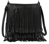 Big Handbag Shop Stylish Tassel Fringe Shoulder Bag for Women - Faux Leather Crossbody Messenger with Long Strap - Dakota (Black)