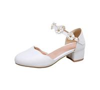 Big Kids Girls Mary Jane Dress Shoes Pumps Heels Flower High School Prom Shoes House Slippers Teen Girls (White, 1 Big Kids)