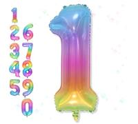 Big Number 1 Balloons, Rainbow Multicolor Foil 1 Balloon Numbers 40 Inch, Giant 1st Birthday Party Decor, Mylar Helium Self Inflating Colorful Jelly One Balloon for Girls Kids Baby Shower Decorations