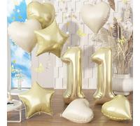 Big Number 11 Balloon Light Gold, Foil 11 Balloons with Champagne Gold Helium Cream Heart Star Balloon, 40'' Self Inflating 11 Balloon Number for Girls 11th Birthday Party Men Anniversary Decorations