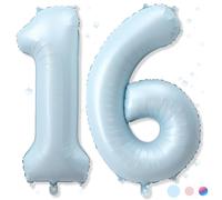 Big Number 16 Balloons, Light Matte Blue Foil 16 Balloon Numbers 40 Inch, Giant 16th Birthday Party Decor, Pastel Baby Powder Blue Mylar Self Inflating Balloon for Boys Men Anniversary Decorations