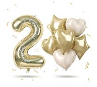 Big Number 2 Balloon Champagne Gold, Foil 2 Balloons with Light Gold Helium 18 Inch Cream Beige Heart Star Balloon, 40'' Self Inflating Two Balloon Number for Girls 2nd Birthday Party Graduation Decor