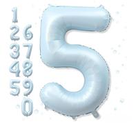 Big Number 5 Balloons, Dusty Light Blue Foil 5 Balloon Numbers 40 Inch, Giant 5th Birthday Party Decor, Matte Baby Blue Mylar Helium Self Inflating Balloon for Boys Birthday Anniversary Decorations