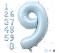 Big Number 9 Balloons, Light Sky Blue Foil 9 Balloon Numbers 40 Inch, Giant 9th Birthday Party Decor, Pastel Baby Matte Blue Mylar Helium Self Inflating Balloon for Boy Birthday Anniversary Decoration