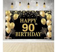 Big Occasion: Happy 90th Birthday Party Backdrop - Shiny Black and Gold with Glitter Stars and Golden Dots 350x240CM