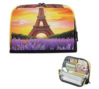Big Pencil Case Zipper Pencils Pouch Eiffel Tower Purple Lavender Flowers Storage Pencil Bags Girls Classroom Pen Pouch Cartoon Preppy College High School Supplies