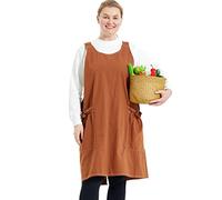 Big Plus Size Aprons for Women with Pockets Cotton Linen Baking Kitchen Cooking, Brown, Large