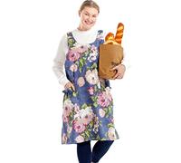 Big Plus Size Aprons for Women with Pockets Cotton Linen Baking Kitchen Cooking, Colorful Peonies, Large