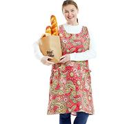 Big Plus Size Aprons for Women with Pockets Cotton Linen Baking Kitchen Cooking, Red Flowers, Large