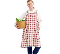 Big Plus Size Aprons for Women with Pockets Cotton Linen Baking Kitchen Cooking, Red Plaid, Large