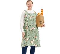 Big Plus Size Aprons for Women with Pockets Cotton Linen Baking Kitchen Cooking, Rose Flowers, L