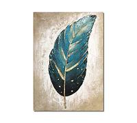 Big Poster 3D Blue Feather With Gold Foil Painting Abstract Hand Painted Oil Painting Unframed Canvas Wall Art For Living Room Decor Home Decoration 20X28 Inch (No Frame)