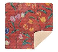 Big Red Background with Colorful Tulips on It Large Stylish Baby Playmat for Floor Cozy Breathable Tummy Time Activity Mat for Babies Infants Toddlers, 50'' x 50''