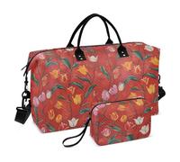 Big Red Background with Colorful Tulips on It Travel Duffel Bag Weekender Duffel Bag Gym Sports Duffel Bags with Toiletry Bag for Trip 2 Pcs Set