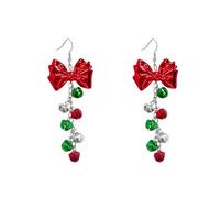 Big Red Bow Jingle Bell Ornament Long Chain Dangle Drop Earrings for Women Cute Ribbon Green Tinkle Bell Fish Hook Christmas Statement Dangling Hanging Hypoallergenic Festival Party Jewelry Gifts 95mm