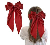 Big Red Hair Bow for Women - Solid Color Clip with Long Ribbon, French Soft Satin Silky Bow - Cute Gifts for Girls