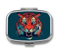 Big Red Tiger Pill Box 2 Compartment, Portable Pill Case with Mirror for Pocket Purse Travel, Mini Metal Medicine Organizer for Vitamins Fish Oil