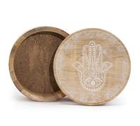 Big Round Whitewash Box With Hamsa Motif - Decorative & Functional Storage