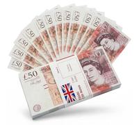 BIG SCREEN STACKS | PROP MONEY | 100 x £50 UK POUND NOTES | Extra Bank Strap Included - Fake Money for Movies, TV, Pretend Play and learning.