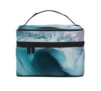 Big Sea Wave HD Printing Makeup Bag for Women Portable Travel Cosmetic Case Make Up Organizer Bag Beauty Box with Inner Pouch and Handle
