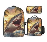 Big Shark Beach 3 Pieces Set Laptop Backpack Casual Daypack with Lunch Box Pencil Case for Travel