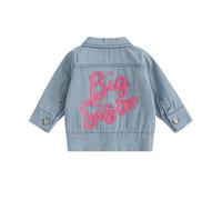 Big Sister Denim Jacket Toddler Kid Girl Back Letter Embroidery Lapel Neck Long Sleeve Button Down Jean Tops Casual Fall Streetwear (Blue, 2-3 Years)