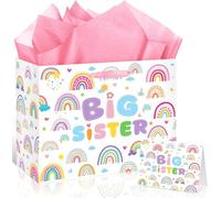 Big Sister Gift Bag for Girls, Cute Big Sister Gift Bag with Tissue Paper and Greeting Card Pink Wrapping Paper Cartoon Rainbow New Sister Party Decoration for Little Girl Birthday Party Supplies