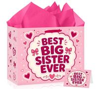 Big Sister Gift Bag for Girls Love Big Sister Gift Bag with Tissue Paper and Greeting Card Pink Wrapping Paper New Sister Party Decoration for Little Girl Birthday Party Supplies