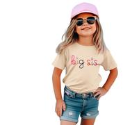 Big Sister Shirt Baby Announcement for Girls T-Shirt with Big Sis Embroidery Toddler Promoted to Big Sister T-Shirt Summer Short Sleeve Shirts Cute Embroidered Cotton Top, apricot, 3-4 Years