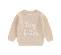 Big Sister Sweater Cute Long Sleeve Letter Embroidery Knitwear Pullover Toddler Baby Jumper Knitted Baby Clothes Loose Top (Beige, 5 Years)