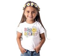 Big Sister T-Shirt for Girls - Colorful Bold Typography with Flowers & Stars - Promoted to Big Sister Announcement Tee White
