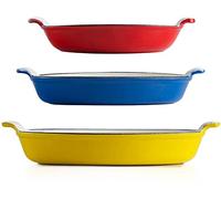Big Smoke's Enamel Lasagne Dish - Set of 3 Enameled Cast Iron Oven Dish Set for Baking, Roasting, Braising and Boiling | Versatile Casserole Dishes for Cooking and Serving in Yellow, Blue and Red