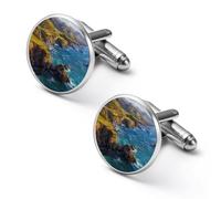 Big Sur Rugged Coastline Cliffs Cufflinks for Men Round Cuff Links Black Tie Clips for Business Wedding Graduation