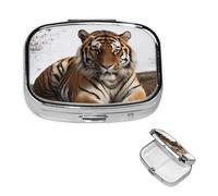Big Tiger Pill Box 2 Compartment Round Metal Pill Case for Purse & Pocket, Portable Medicine Organizer Travel Pillbox Daily Pill Container Holder to Hold Vitamins, Fish Oil