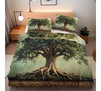 Big Tree Green Duvet Cover Set, 3D Reversible Forest Nature Printed Quilt Cover with Zipper Closure, Soft Easy Care Bedding 135 x 200 cm