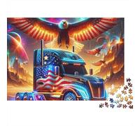Big Truck 1000 Piece Jigsaw Puzzle for Adults Eagle Above US Flag Truck Under Nebula Sky Premium Thick Sturdy Challenging Stress Relief Family Game Gift 52x38cm/1000pcs