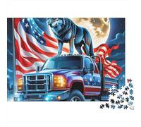 Big Truck Valentines 1000 Piece Puzzle Gift for Adults Wolf on US Flag Truck Under Full Moon Premium Thick Sturdy Vibrant Challenging Stress Relief 52x38cm/1000pcs