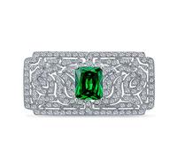 Big Vintage Estate Jewelry Simulated Green Emerald AAA CZ Rectangle Filigree Statement Art Deco Style Brooch Pin For Women Silver Plated