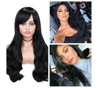 Big wave oblique bangs long curly hair green red woman fashion wig(Black)