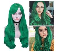 Big wave oblique bangs long curly hair green red woman fashion wig(Green)
