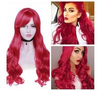 Big wave oblique bangs long curly hair green red woman fashion wig(Red)
