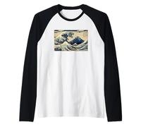 Big Wave Ukiyo-e Japanese Traditional Dinosaur T-Rex Raglan Baseball Tee