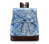 Big Waves in Linear Style White and Blue Color PU Leather Backpack Purse for Adult, Fashion Unisex College Students Satchel Schoolbag